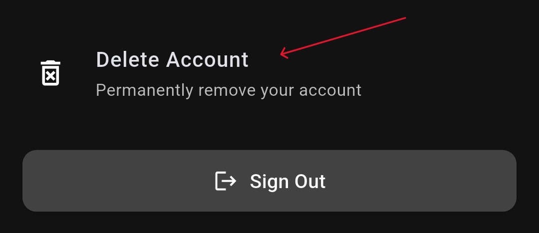 Account Deletion option in Menu